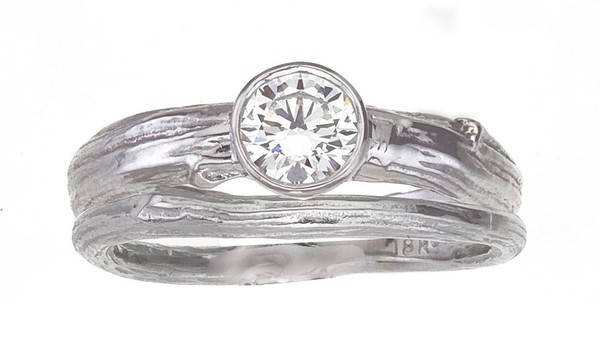 Bucolic setting ring – round bezel set diamond on branch band with narrower twig wedding ring 
