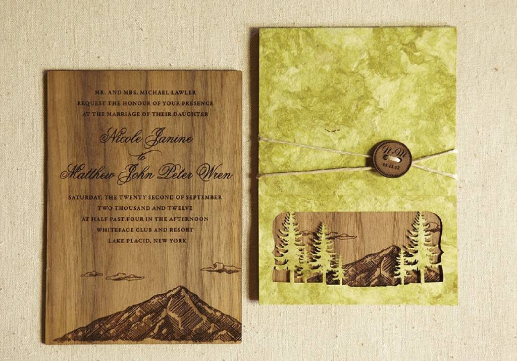 Flourish Letterpress - Engraved Wood Mountain Peak shown on Walnut