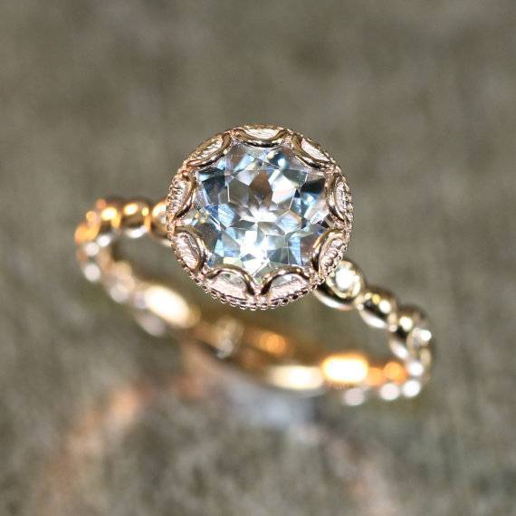 13 - Floral Aquamarine Engagement Ring in 14k Rose Gold Diamond Pebble Ring $798 - LaMoreDesign