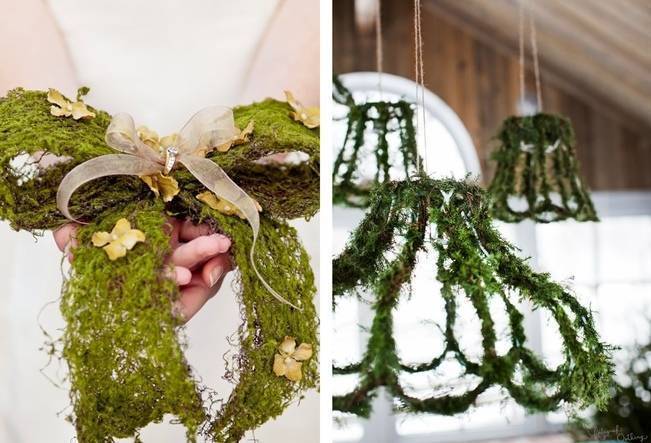 Moss bow ring pillow alternative and moss covered  chandeliers