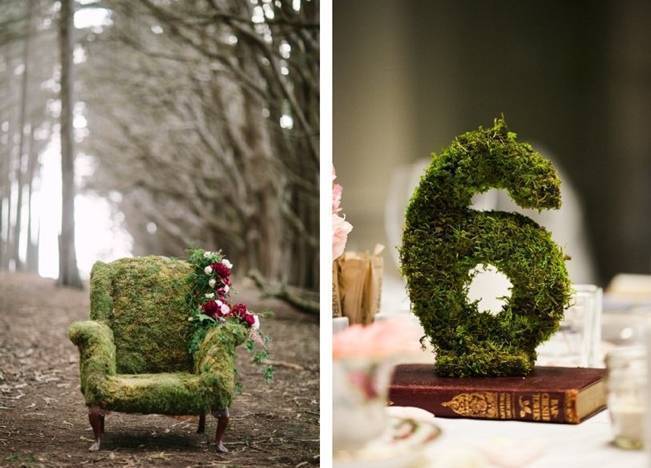 Moss covered chair, moss table numbers