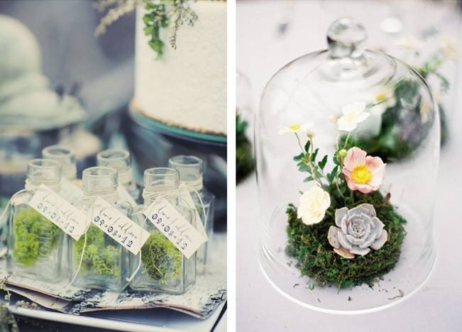 Moss favor jars and terrarium centerpiece
