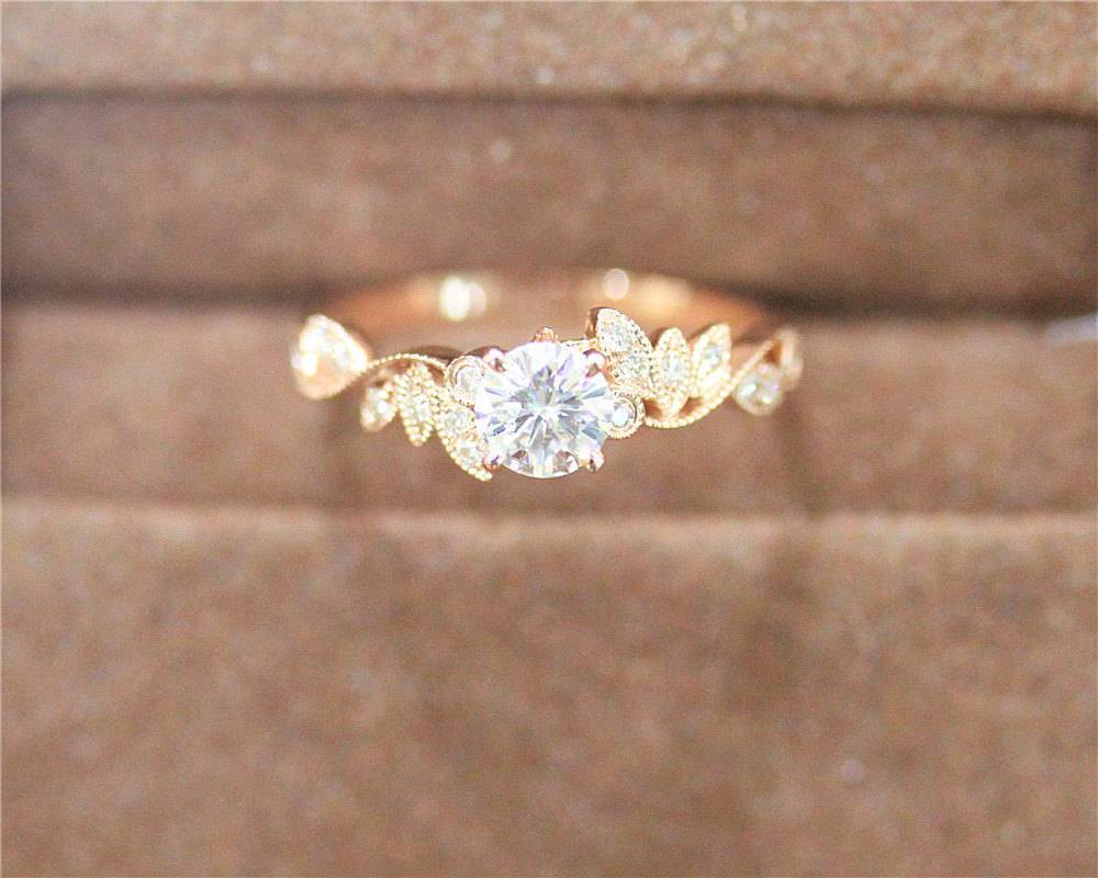 LoraKJewelry.etsy.com Moissanite Ring 5mm Moissanite Diamond Engagement Ring Unique Design Ring 14k Rose Gold $492