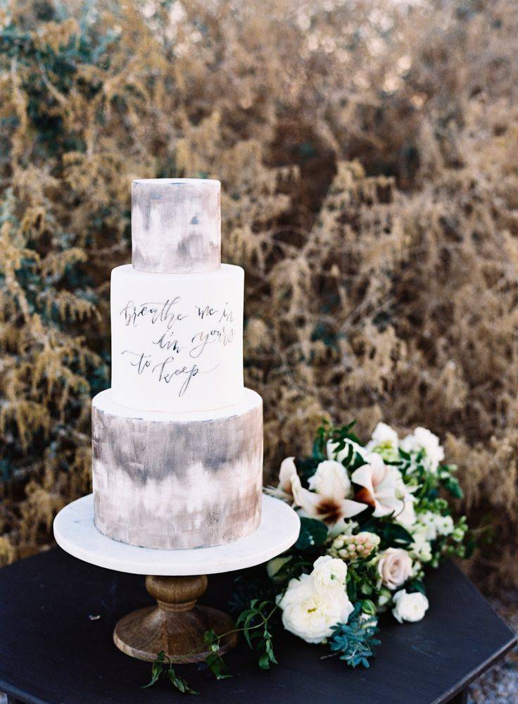 grey watercolor wedding cake with calligraphy - Jen Wojcik Photography