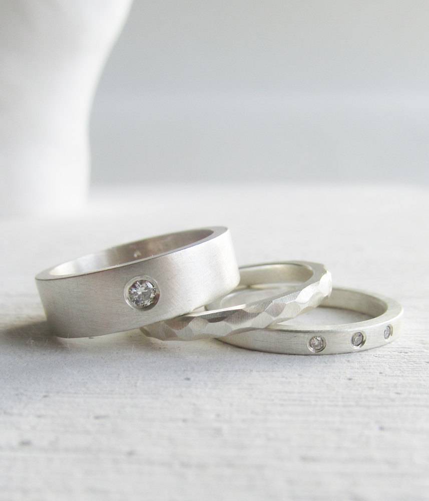 lolide.etsy.com - modern wedding band set - Moissanite and diamond palladium sterling silver engagment ring set - his and hers $395