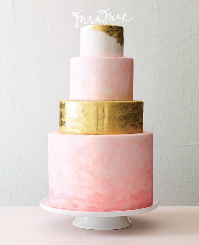 pink and gold watercolor wedding cake - theknot