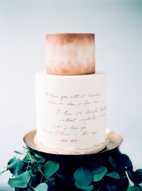 watercolor and calligraphy wedding cake - Photo by Peaches & Mint - pablo neruda quote