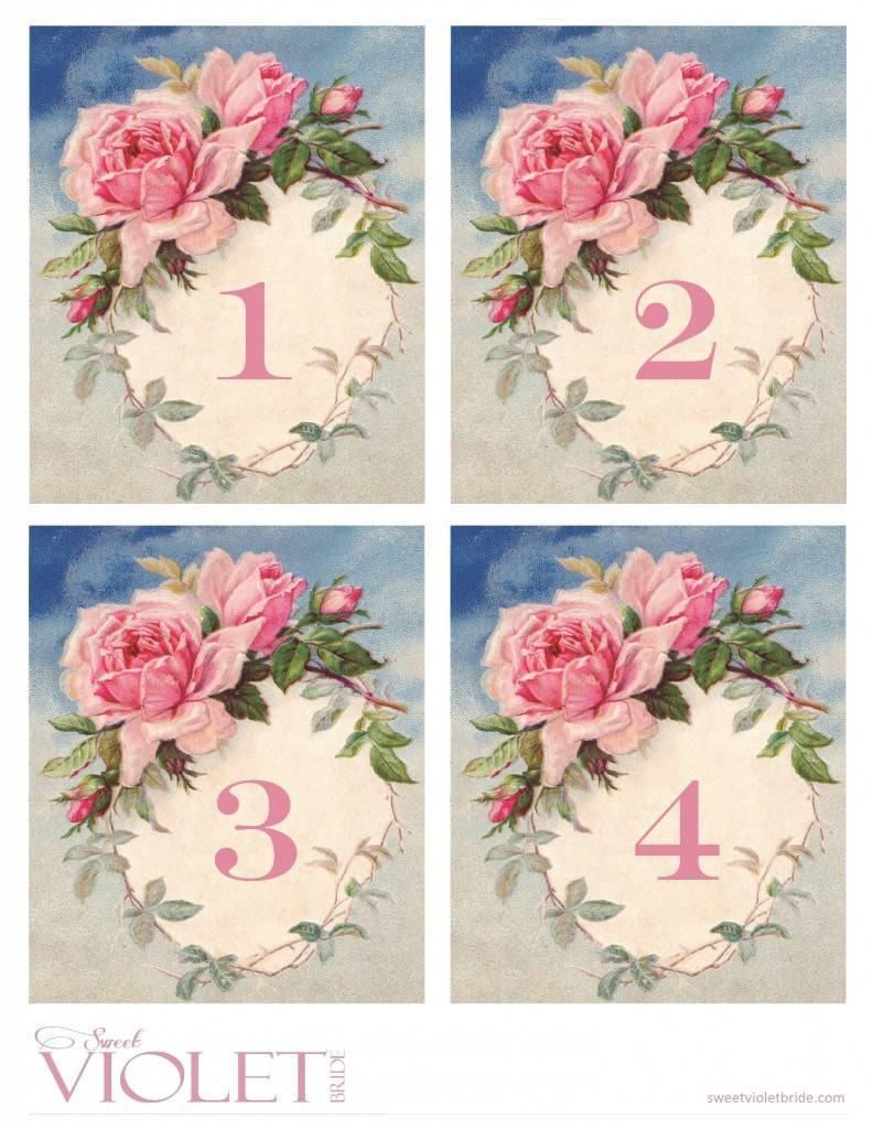 Free Printables - Vintage Watercolor Rose Table Numbers - 1-4