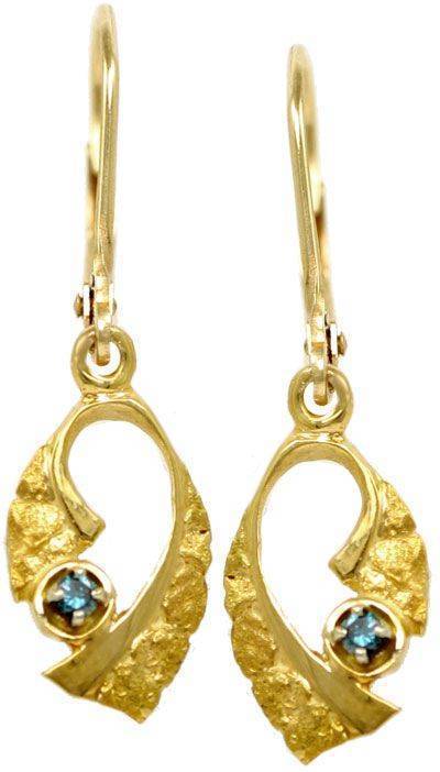 14Karat Scroll Nugget Lever Back Earrings With Blue Diamonds