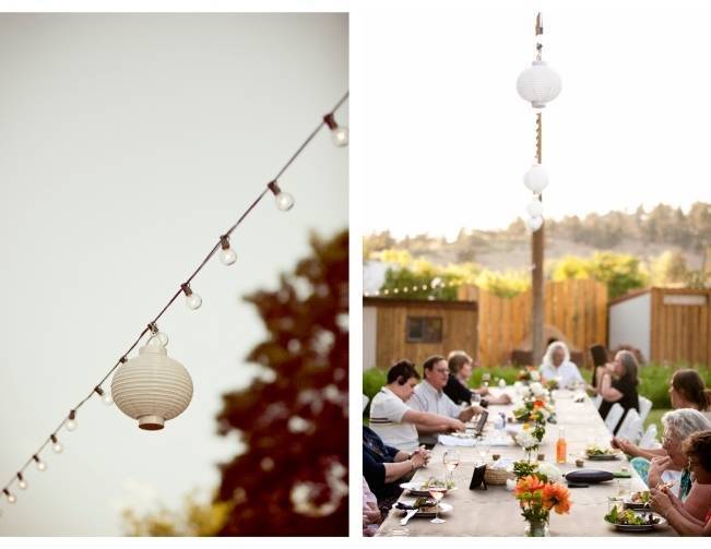 outdoor wedding reception, paper lantern strings