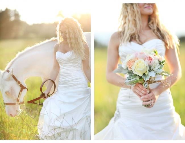 bride and horse in field