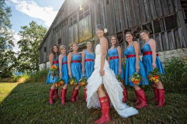 red and blue bridesmaids