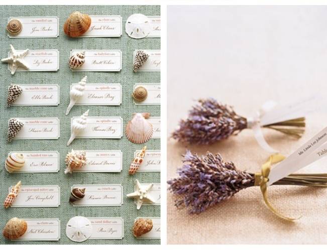 seashell escort cards, dried lavender escort cards
