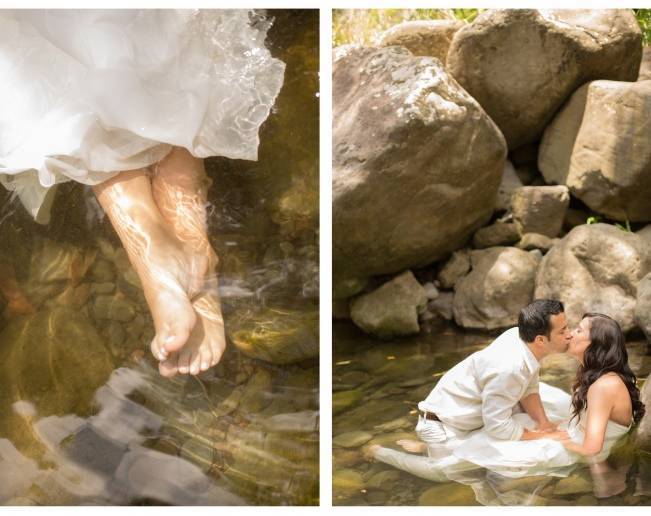 bride and groom in water