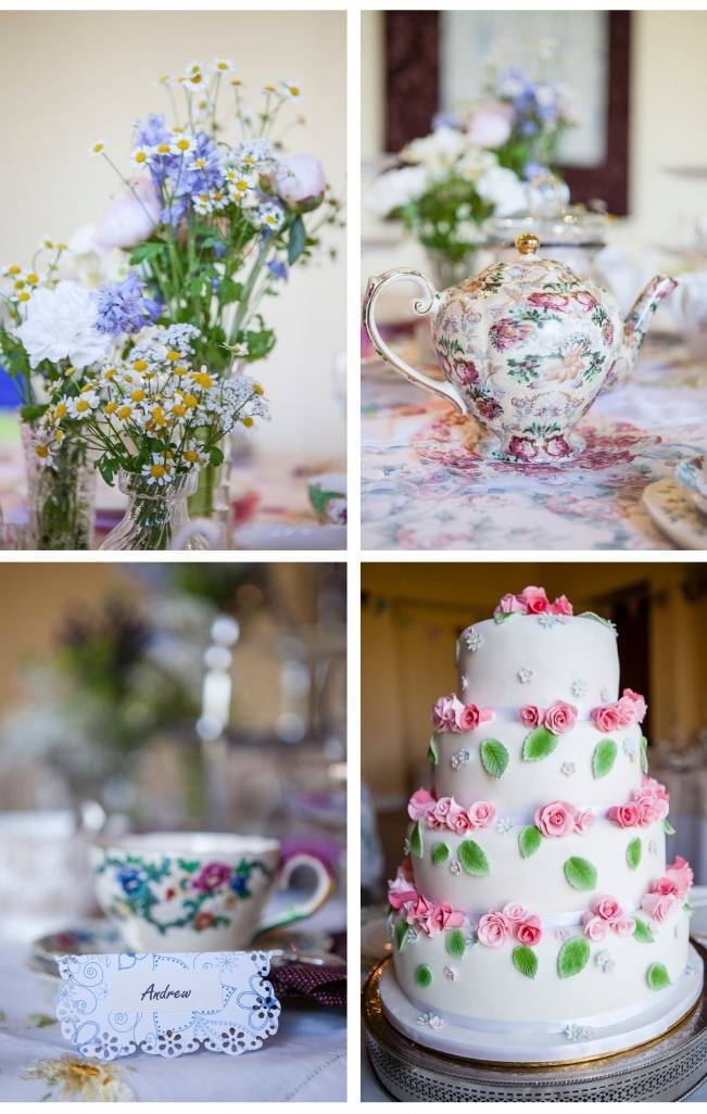 vintage china and teapot, pink rose wedding cake