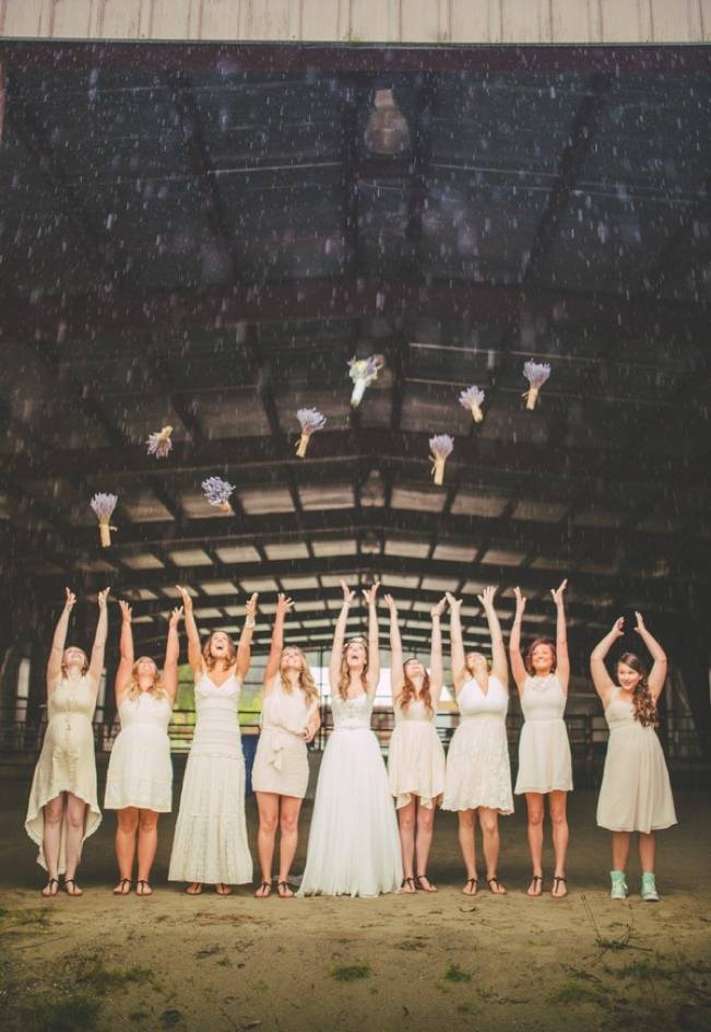 bridesmaids throwing bouquets