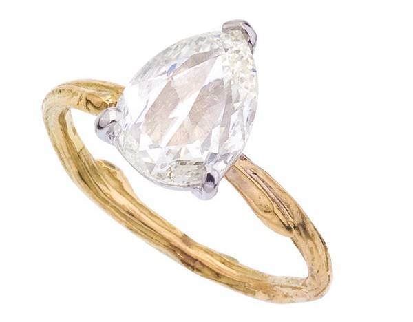 Rose cut pear shaped white diamond on delicate sprig band 