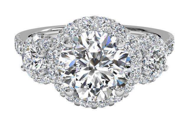 Three-Stone Halo Diamond Engagement Ring – in 14kt White Gold (0.75 CTW)
