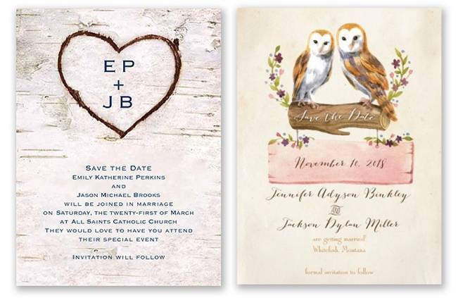 Carved in Love and Vintage Owls save the dates by Invitations by Dawn