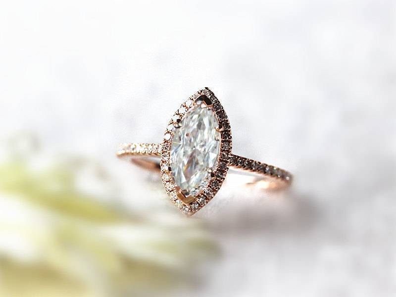 InOurStar.etsy.com - Marquise Moissanite Engagement Ring Diamond Halo Conflict Free 14k Rose Gold $699+