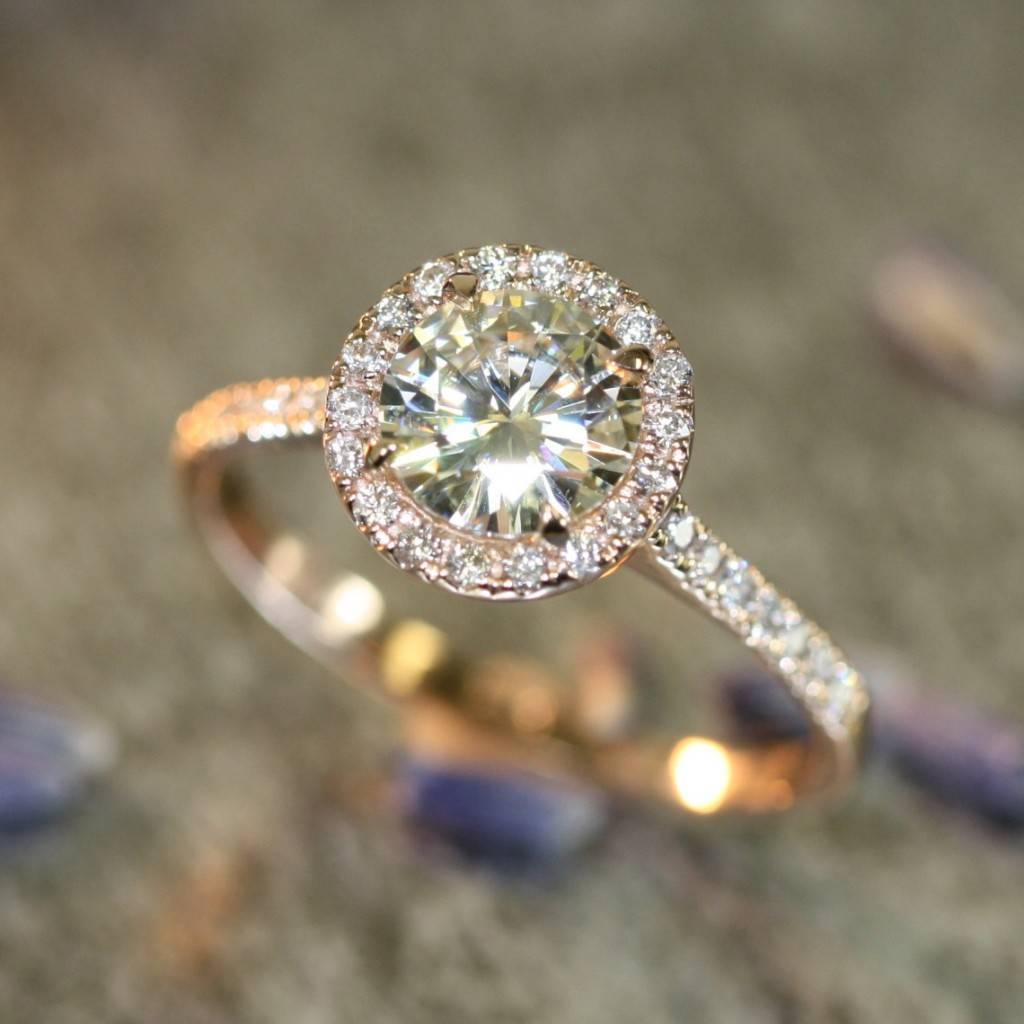 LaMoreDesign.etsy.com - 14k Rose Gold Halo Diamond Moissanite Engagement Ring in Half Eternity Diamond Wedding Band 7mm Round Forever Brilliant Moissanite  $1498+