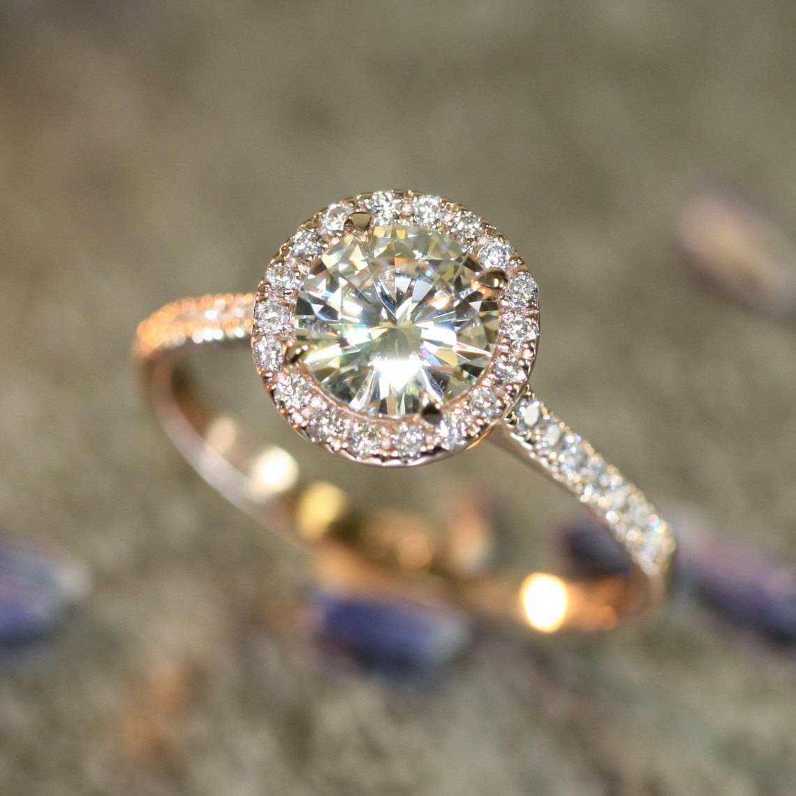 LaMoreDesign.etsy.com – 14k Rose Gold Halo Diamond Moissanite Engagement Ring in Half Eternity Diamond Wedding Band 7mm Round Forever Brilliant Moissanite  $1498+