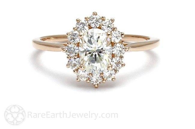 rareearth.etsy.com 18K Cluster Moissanite Engagement Ring Oval Halo Forever Brilliant Moissanite Ring Conflict Free Diamond Alternative $1199