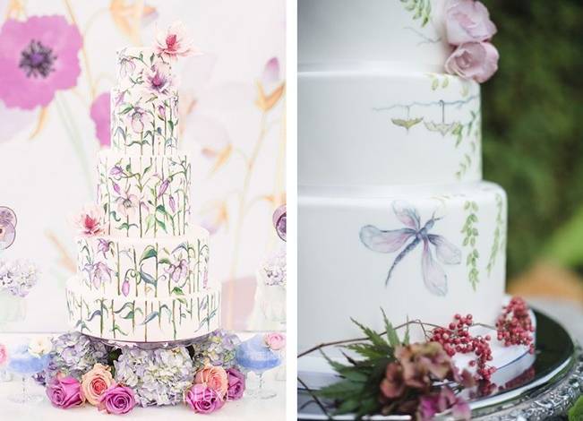 watercolor cakes, floral and dragonfly
