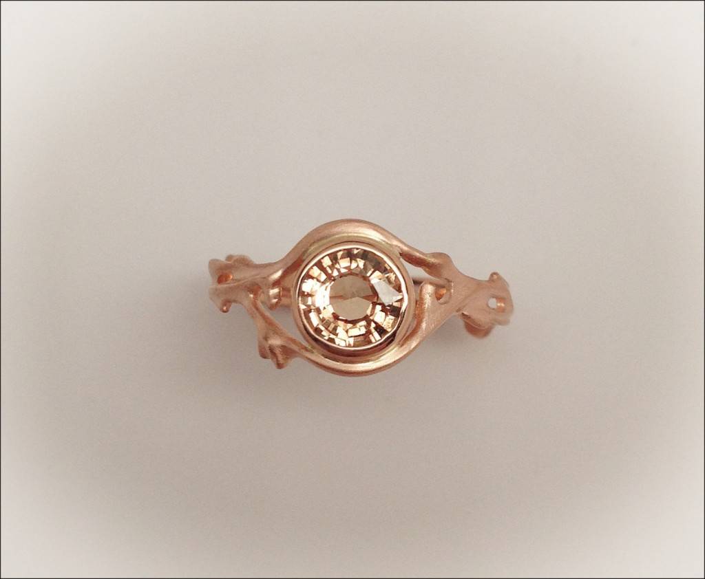 peach sapphire and rose gold bramble engagement ring by okomido.etsy.com