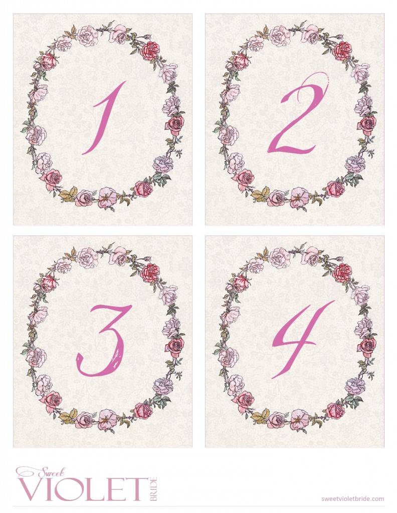 pink whimsical rose wreath + lace table numbers - free diy printable - 1-4