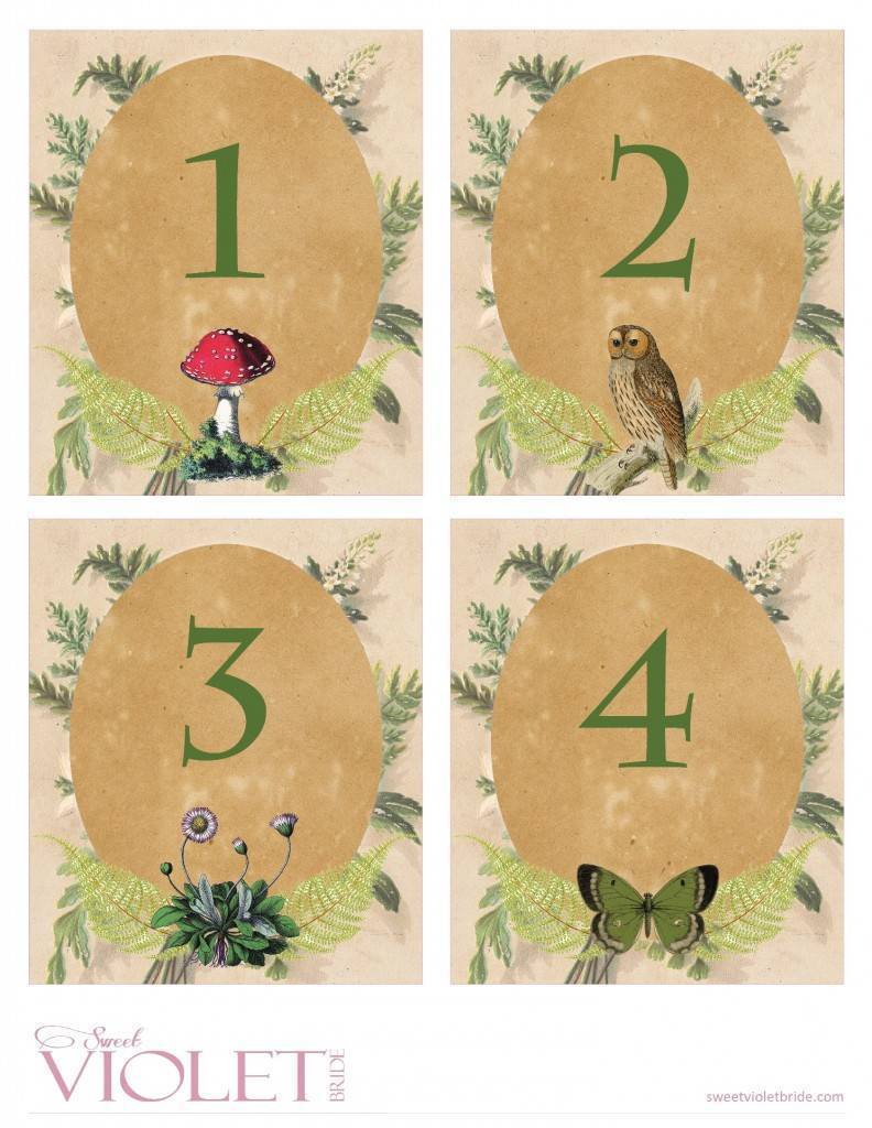 woodland wedding table numbers - free diy printable 1-4