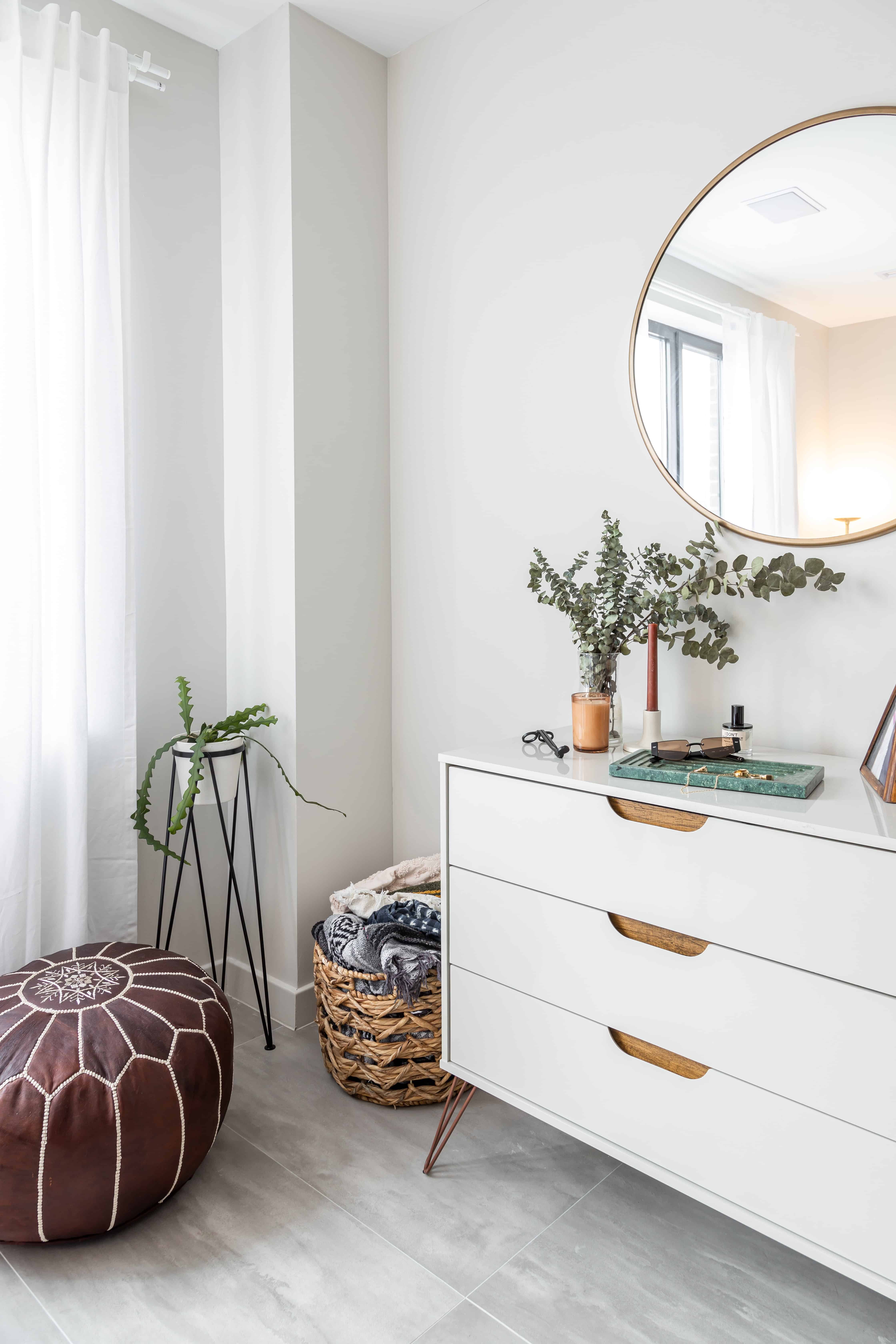 white wooden drawer with mirror