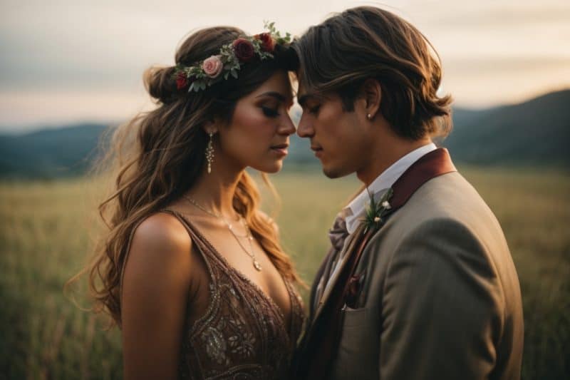 full size Bohemian Style wedding couple with imperfect skin